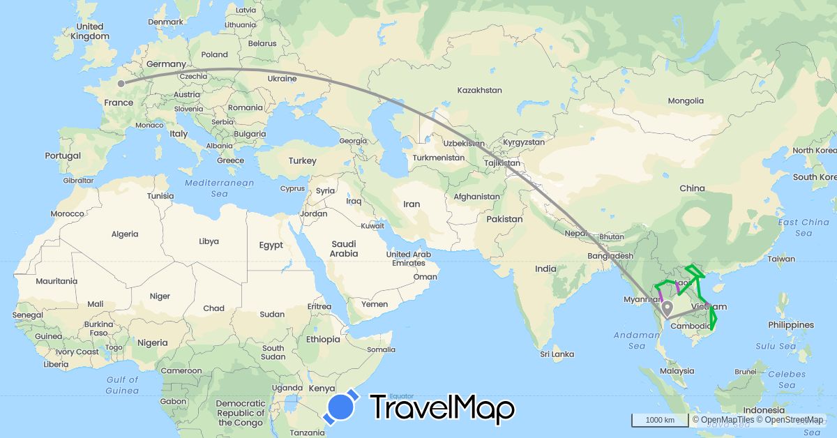 TravelMap itinerary: driving, bus, plane, train in France, Laos, Thailand, Vietnam (Asia, Europe)
