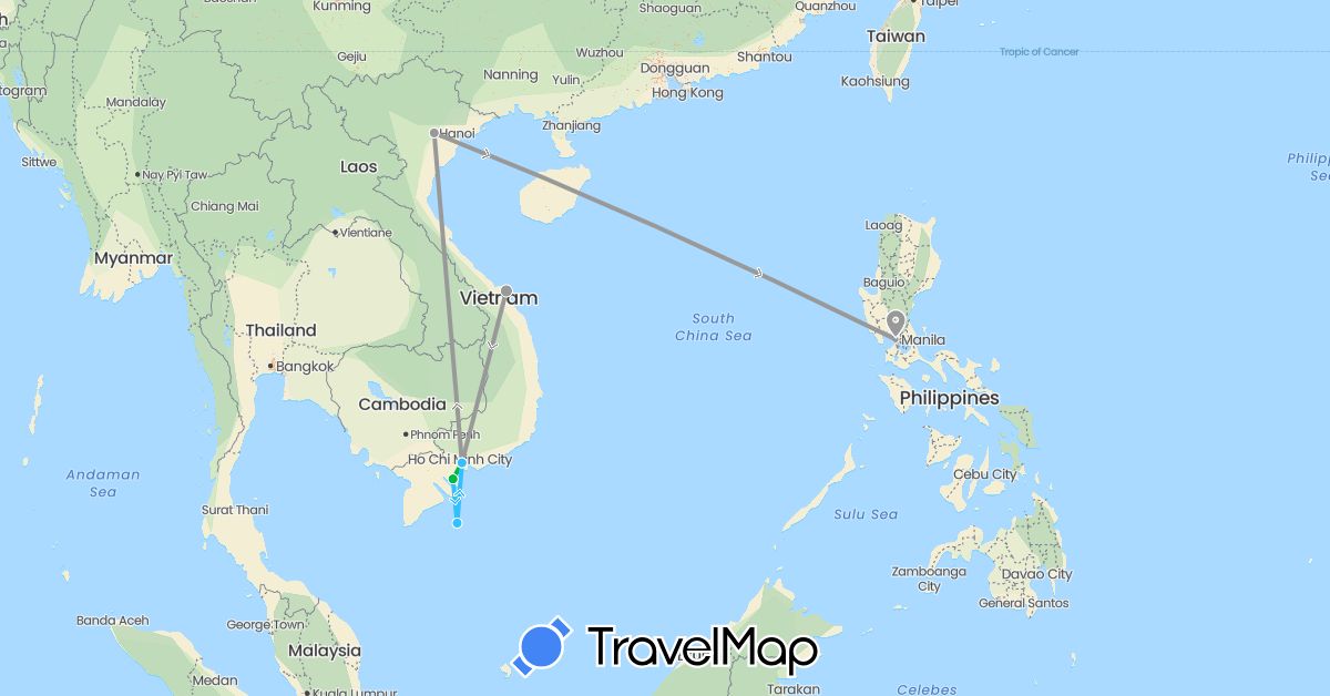 TravelMap itinerary: driving, bus, plane, boat in Philippines, Vietnam (Asia)