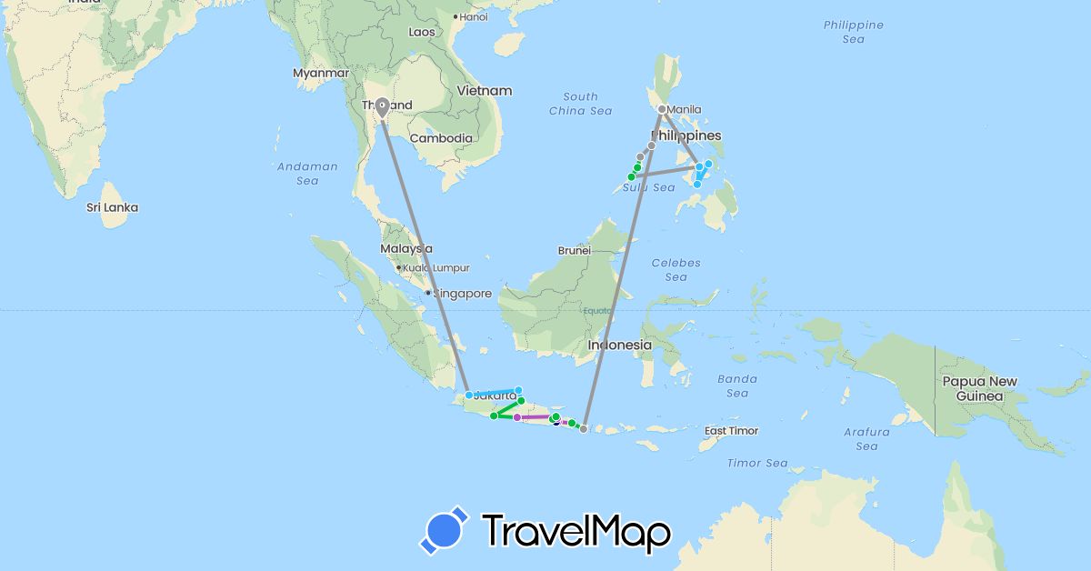 TravelMap itinerary: driving, bus, plane, train, boat in Indonesia, Philippines, Thailand (Asia)